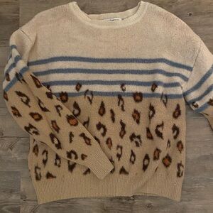 cupcakes & cashmere Tan and Blue Leopard Print Sweater